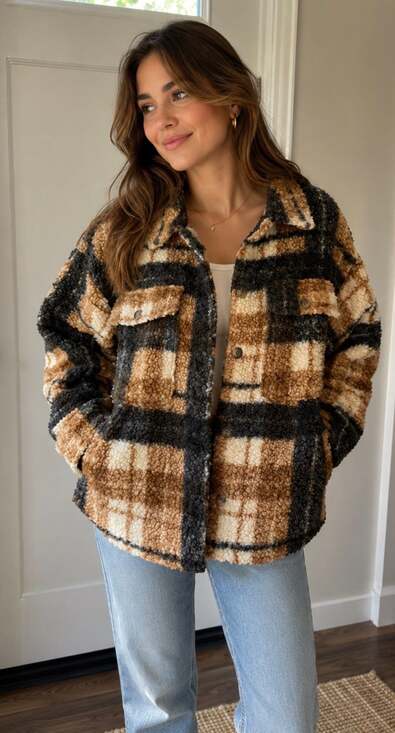 Blu Pepper Jackets & Blazers - Blu Pepper Brown and Black Plaid Sherpa Button Down Shacket